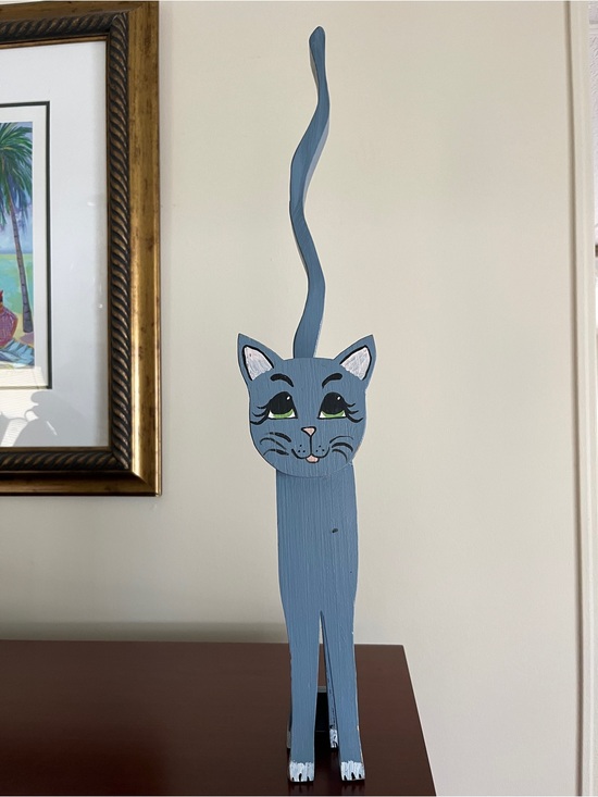 Source Unknown Other - Handmade Wooden Grey Blue Tall Cat Figurine